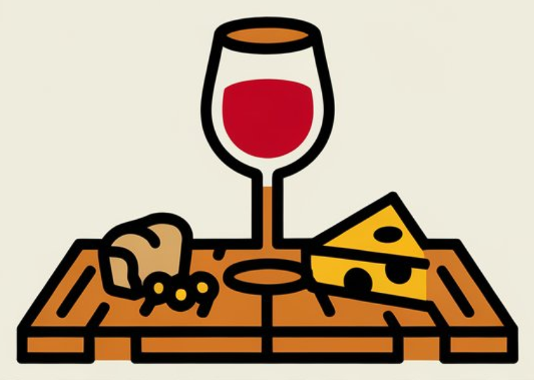 Geheimer Tisch – Weinglas auf einer Holztafel mit Brot und Käse